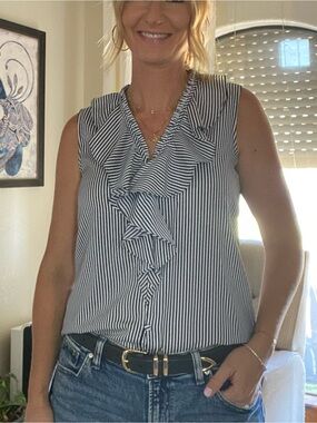 Karl Lagerfeld Navy and White Striped Ruffle Front Sleeveless Blouse
